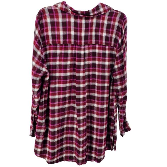Lane Bryant Purple Pink Rayon Flannel Plaid Lace‎ Up Collar Top 14/16 Pre-Owned - Picture 3 of 7